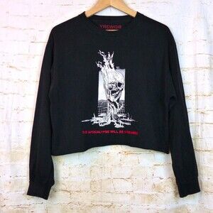 BOW3RY Crop Shirt Womens L Black Apocalypse Project Death Skull LS Graphic Skate